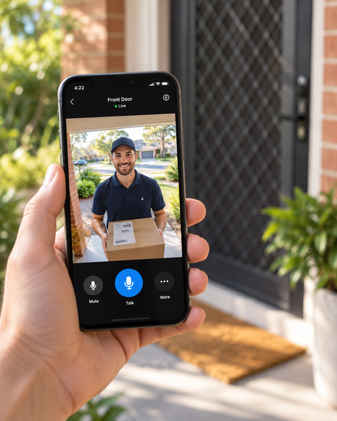 Live view from the Guardian Doorbell on a phone, showing a visitor at the front door