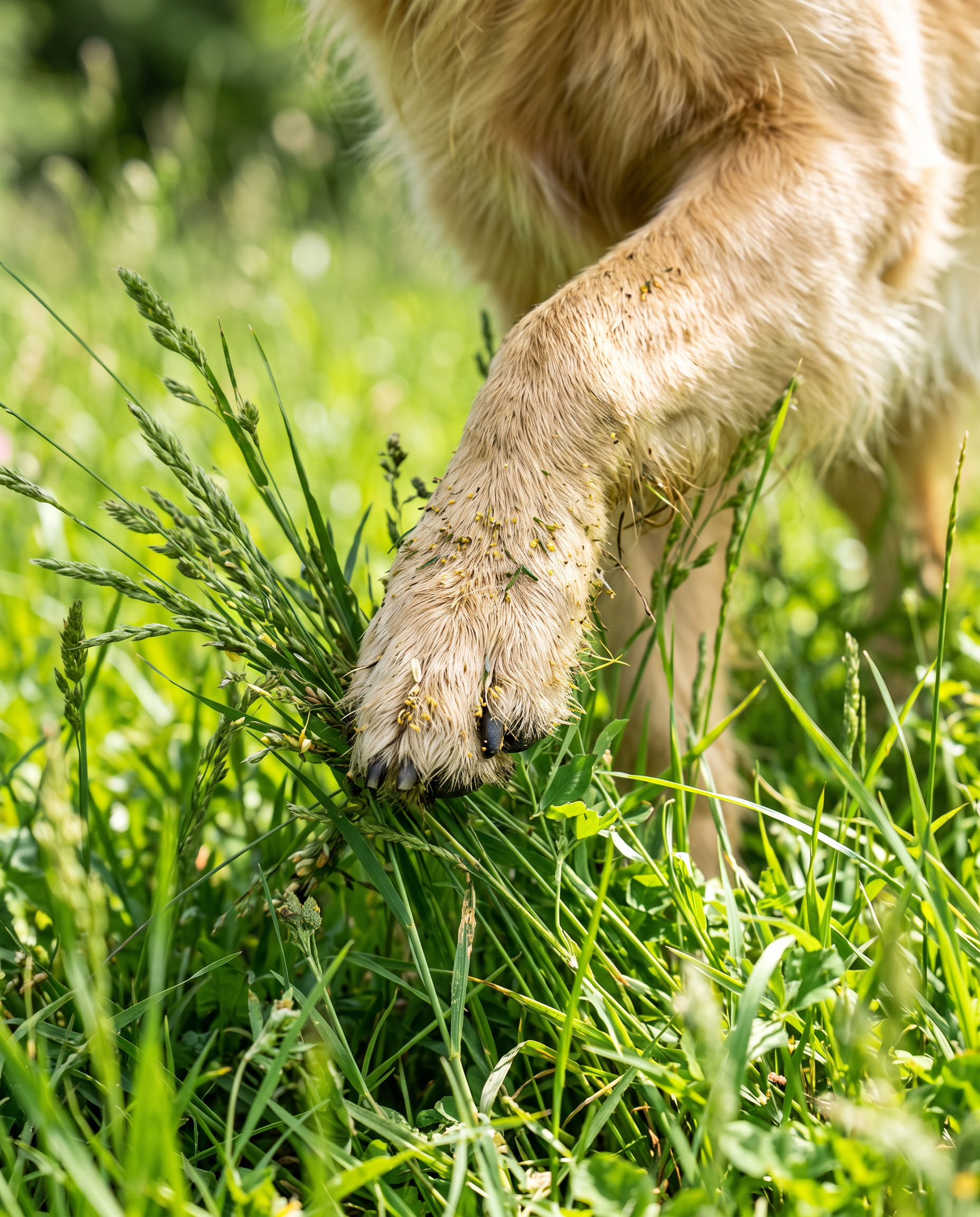 Paw in grass with pollen