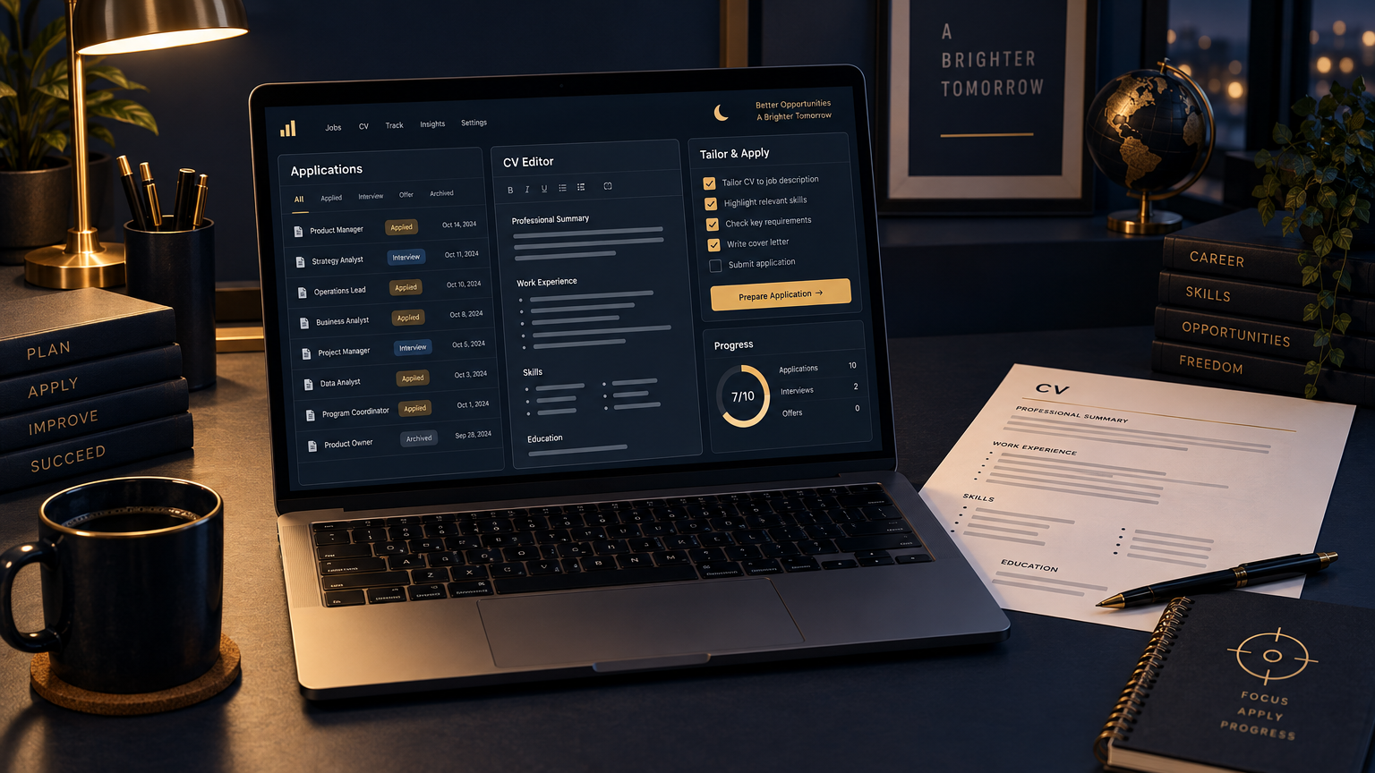 A JobHunt OS workspace: application tracker, CV editor, and a printed CV on a navy desk