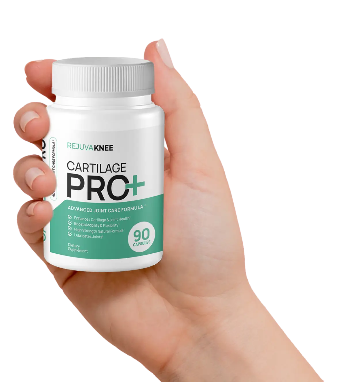 Hand holding a bottle of Cartilage Pro+ joint care supplement.