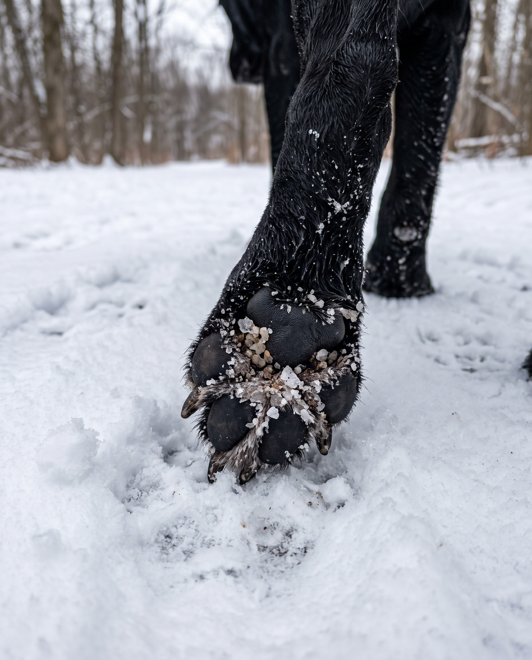 Paw in snow with road salt