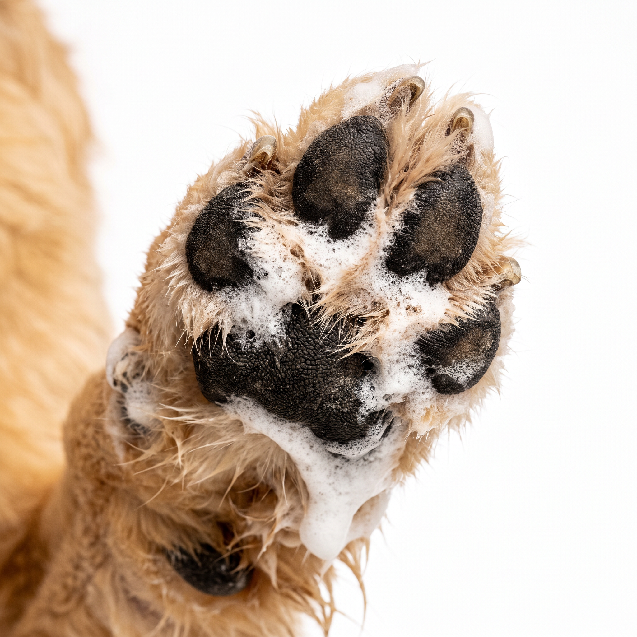 Close-up of paw pad with foam lifting buildup