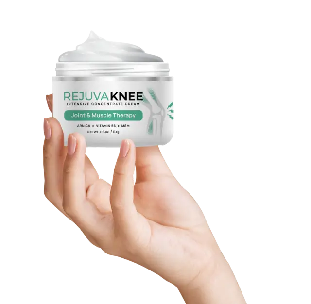 Hand holding a jar of RejuvaKnee Joint & Muscle Therapy cream.