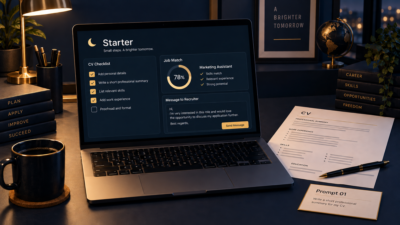 Starter workspace: CV checklist, job match, and a recruiter message on a navy desk