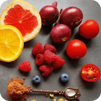 Assorted fruits and spices arranged on a dark background.