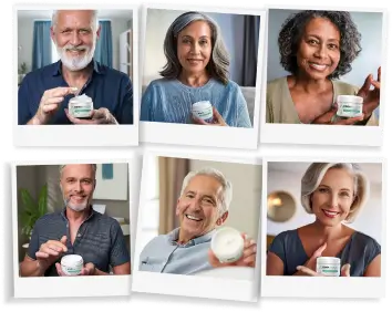 People smiling and holding skincare cream jars in various settings.