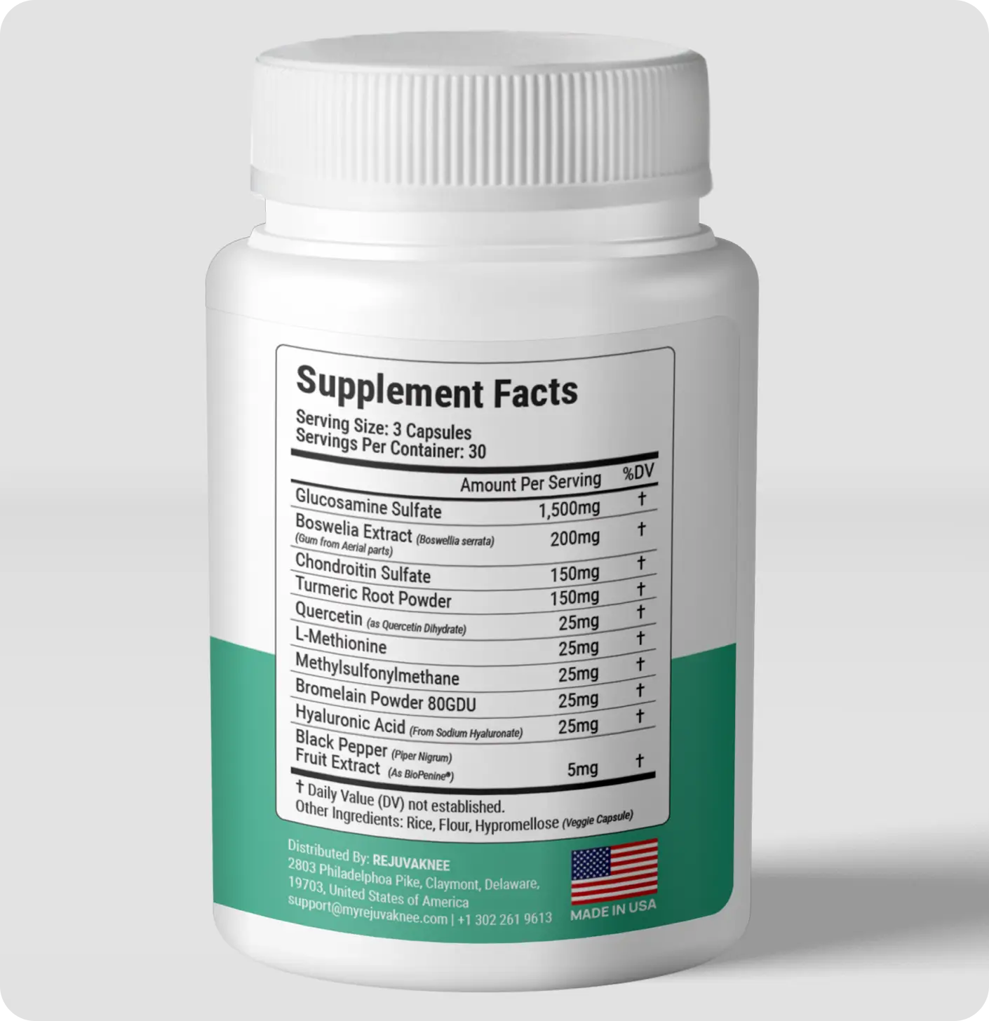 A white bottle with supplement facts labeled, including ingredients like glucosamine sulfate and turmeric root powder.