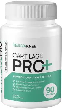A bottle of RejuvaKnee Cartilage PRO+ dietary supplement containing 90 capsules for joint care.