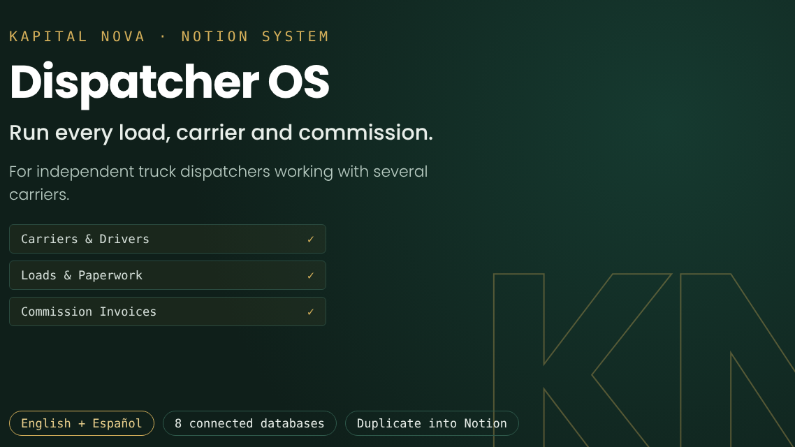 Dispatcher OS: Notion Tracker for Freight Dispatchers (EN/ES)