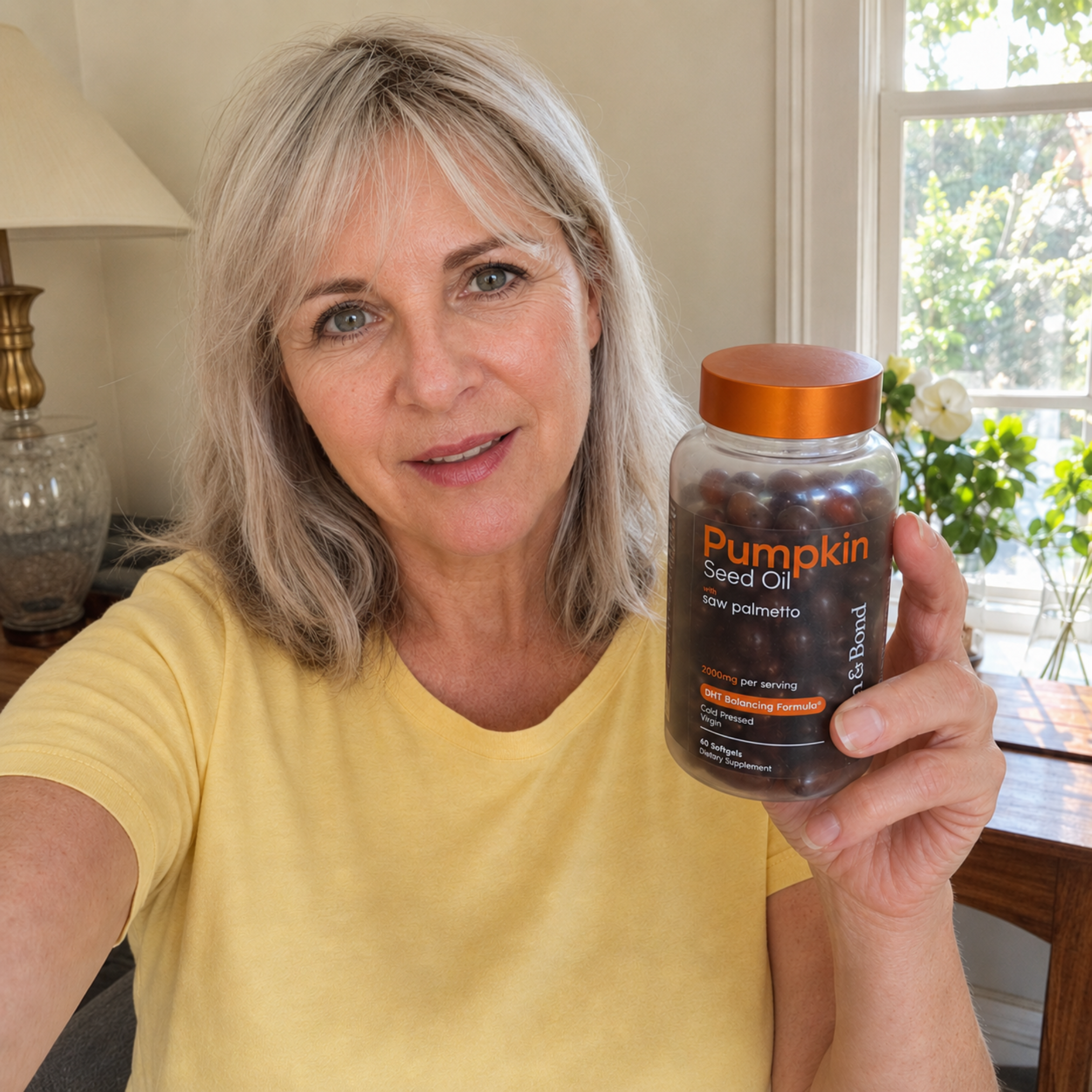 A smiling woman with short black hair sits on a couch, holding a bottle of Pumpkin Seed Oil.