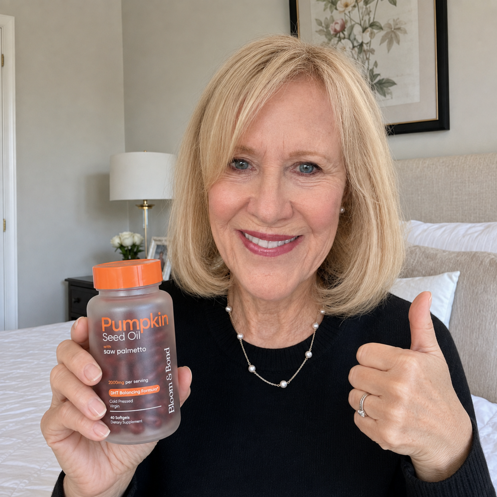 A smiling woman holds a bottle of Pumpkin Seed Oil supplements and gives a thumbs up.