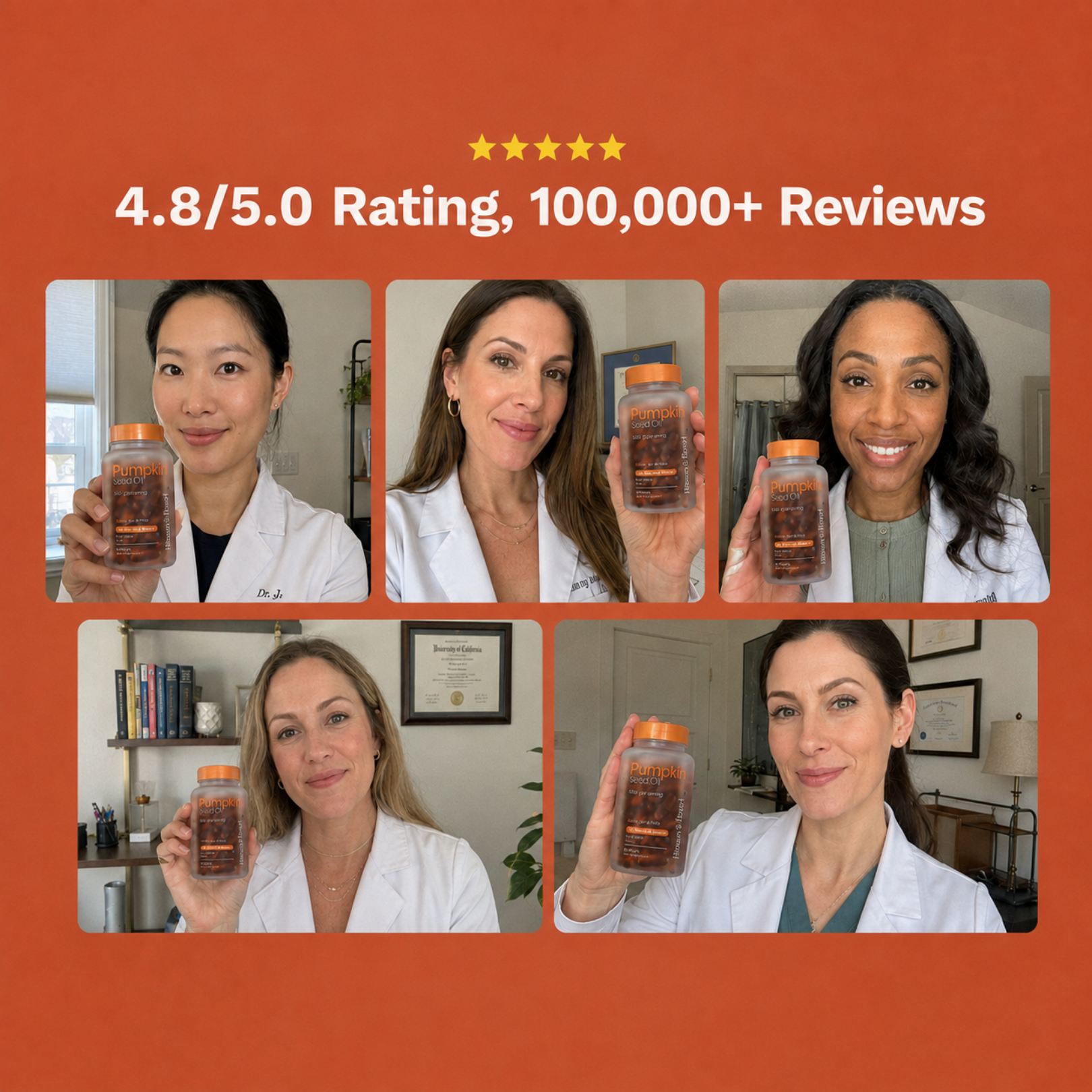 A collage of five women in white coats, each holding a bottle of Pumpkin Seed Oil supplements.