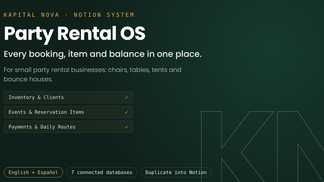 Party Rental OS: Notion Booking & Inventory System (EN/ES)