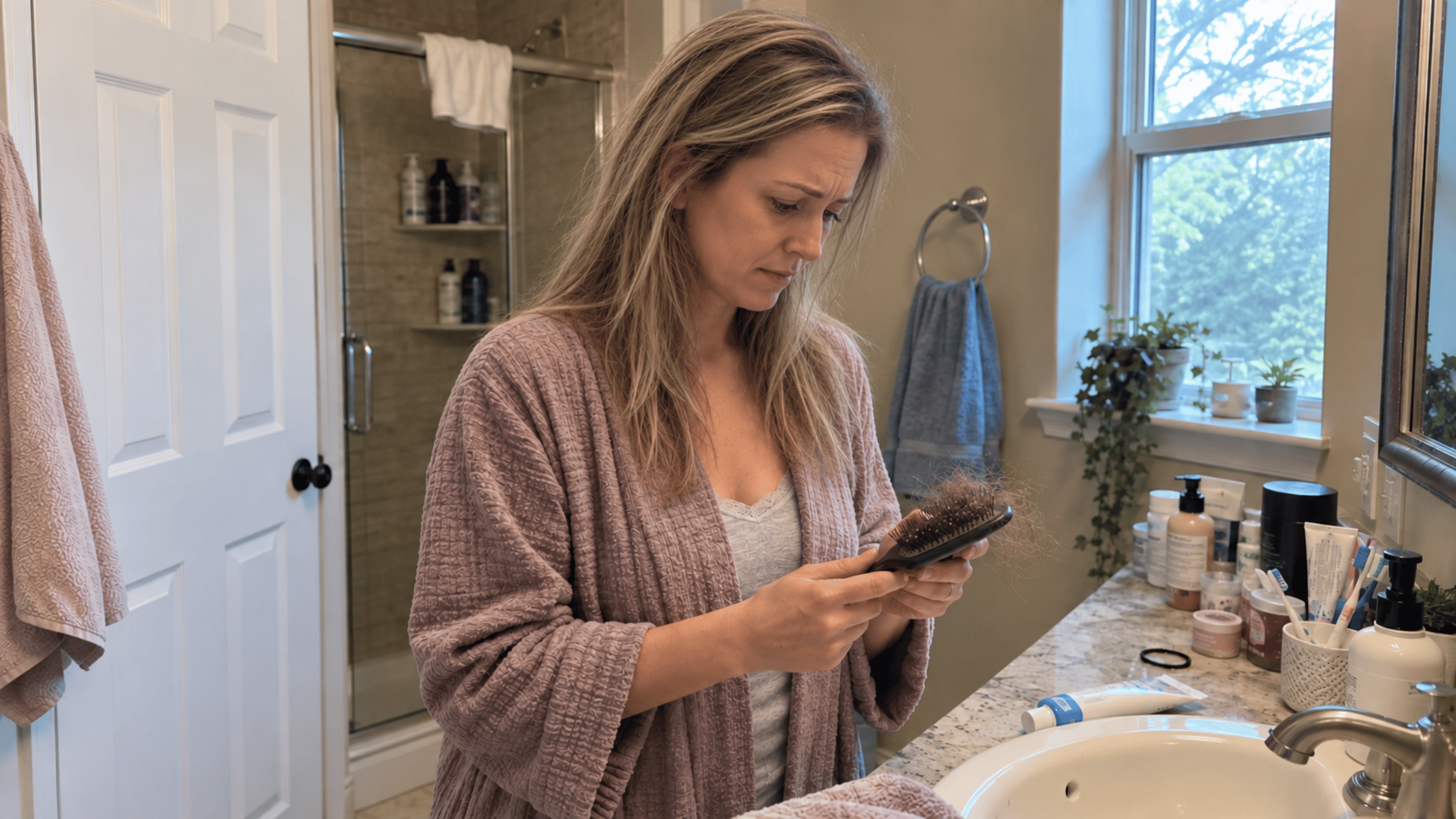 A woman in a bathroom looks with concern at a hairbrush full of hair she is holding.