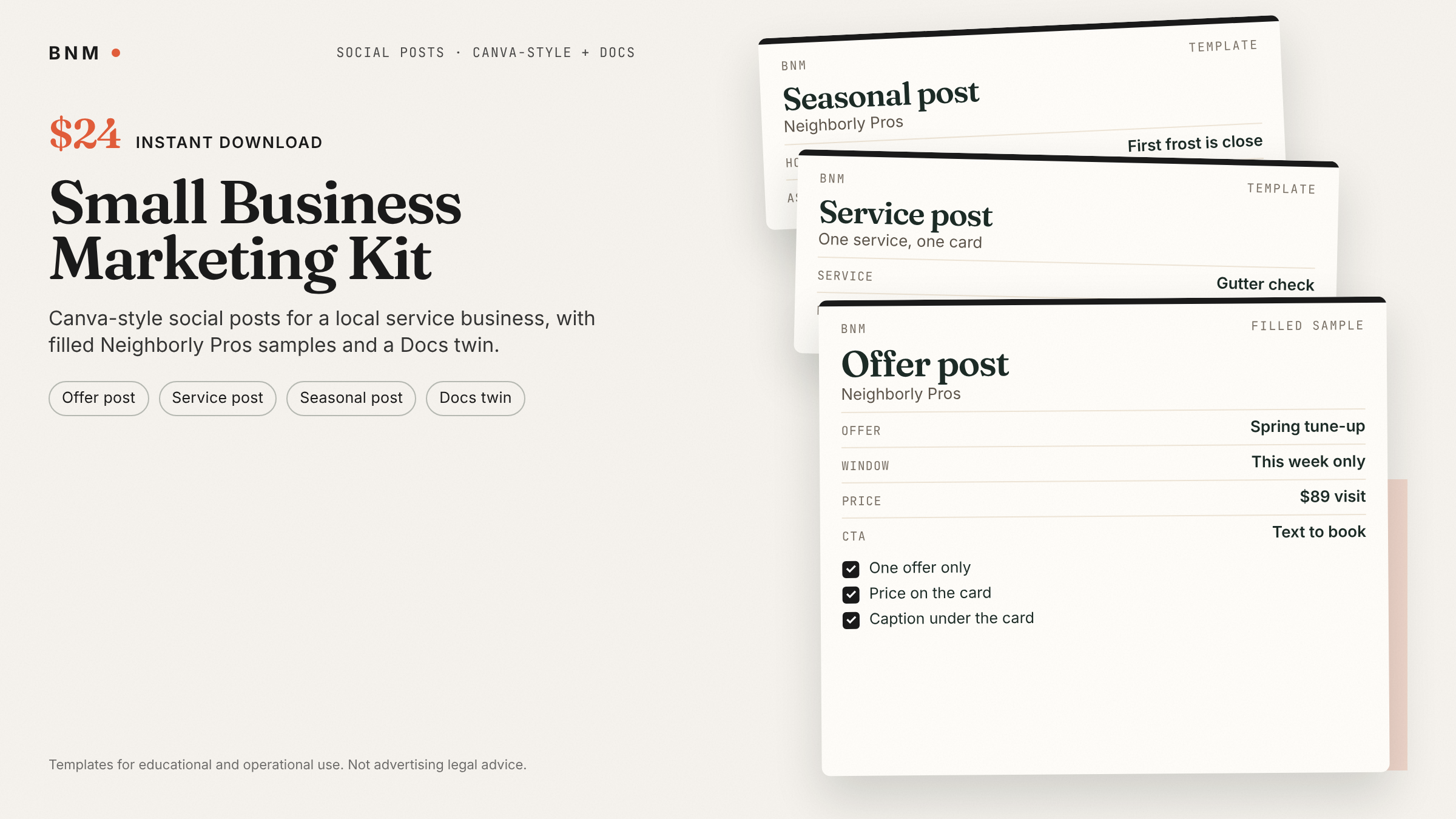 Small Business Marketing Kit — Canva-Style Posts, Price Lists, Flyers & Scripts