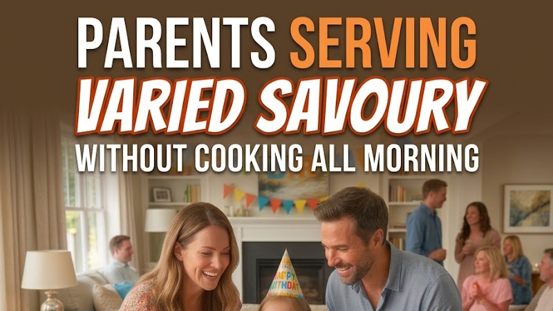 Parents Serving Varied Savoury Birthday Snacks Without Cooking All Morning