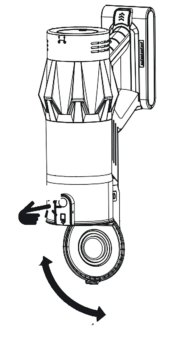 Drawing: press the button on the dust cup and the lid at the bottom swings open