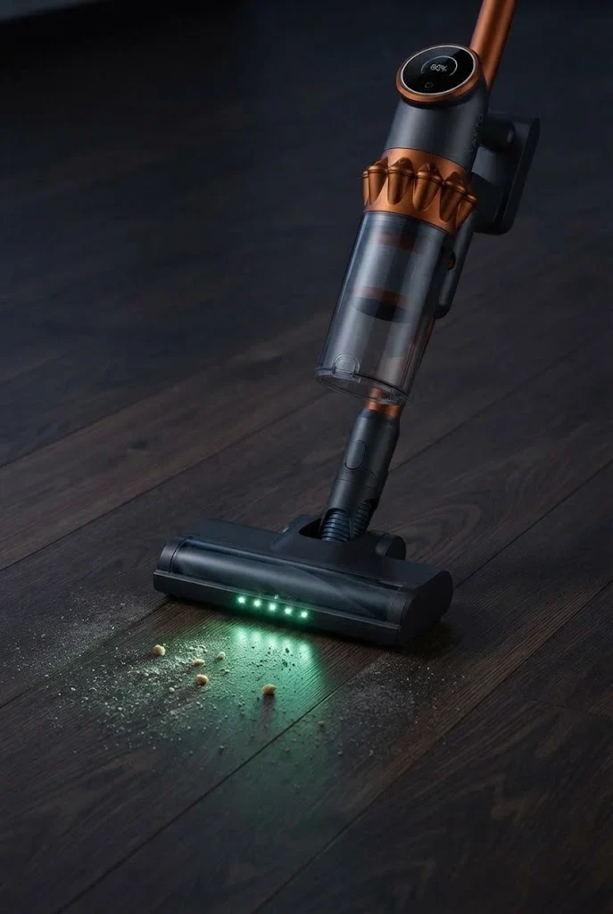 The green lights on the Vekto Vacuum V18 floor head throwing a low beam across a dark wooden floor and showing the dust