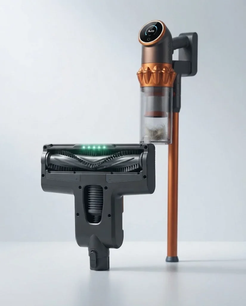 Close-up of the Vekto Vacuum V18 V-shaped anti-tangle brush roll, clean, with hair in the dust cup above