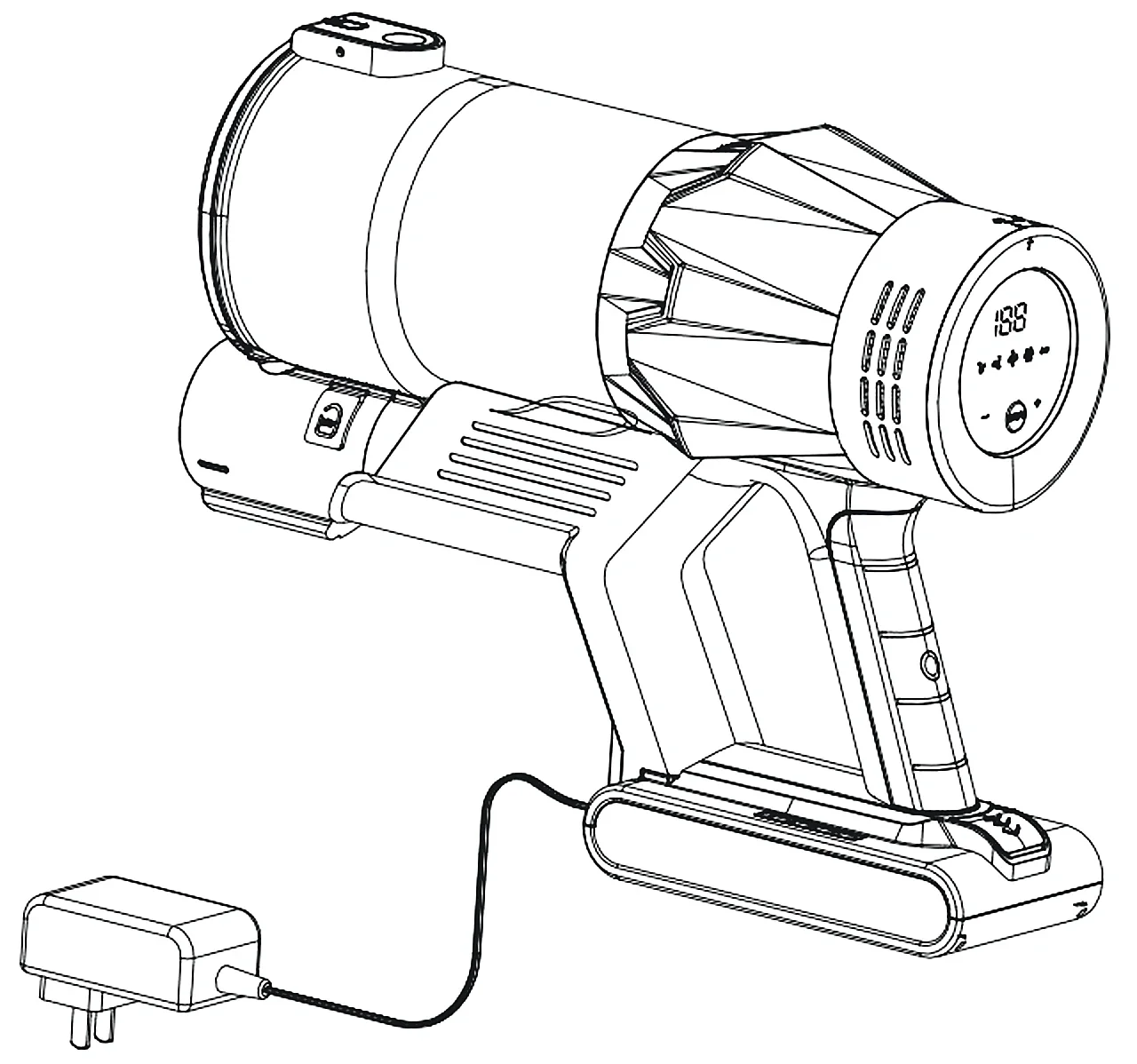 Drawing: the charger plugged into the battery while it is on the machine