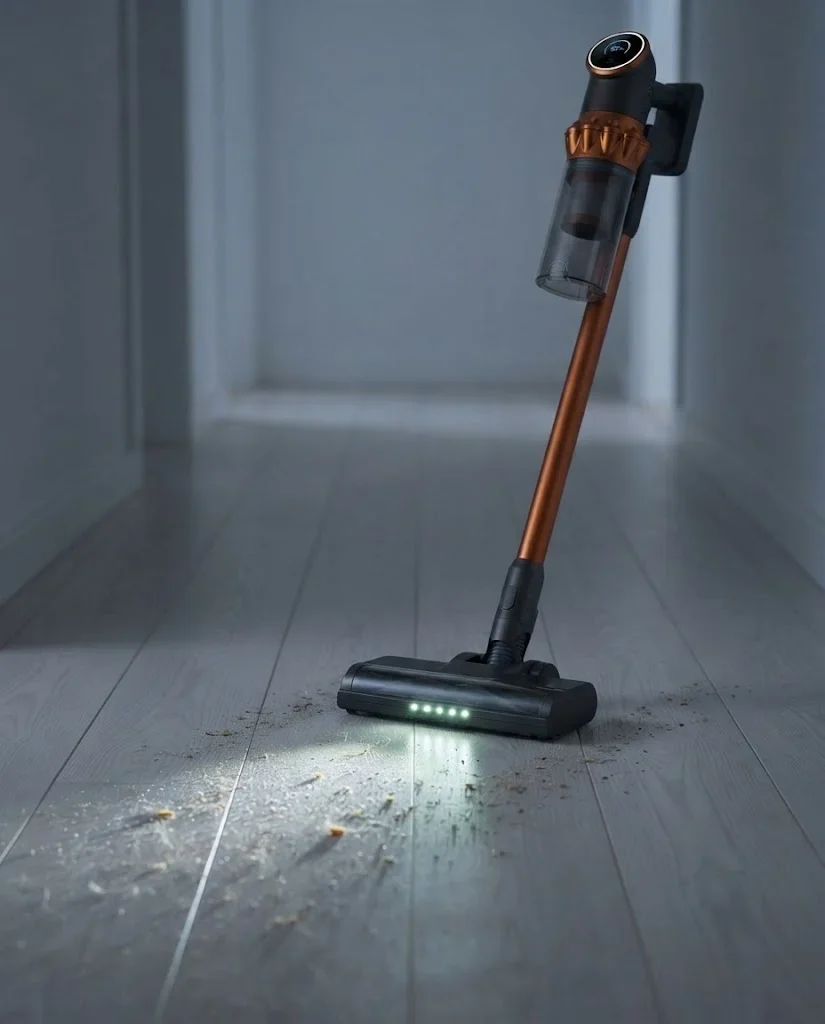 Vekto Vacuum V18 sweeping a dark hallway floor with its green LED strip lighting the dust ahead