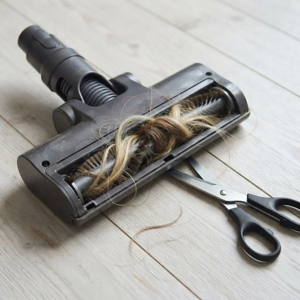A standard vacuum brush roll wrapped tight with dog hair next to a pair of scissors