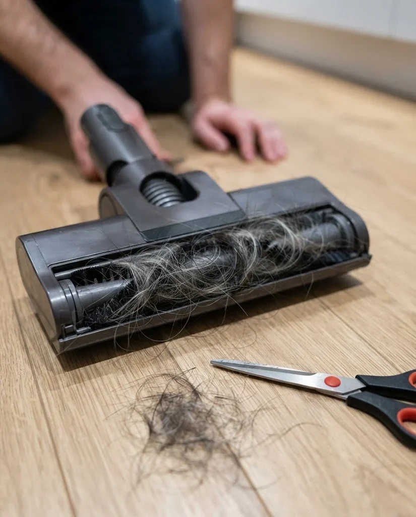 A generic vacuum floor head upside down on a kitchen floor, its roller wound tight with hair, scissors beside it