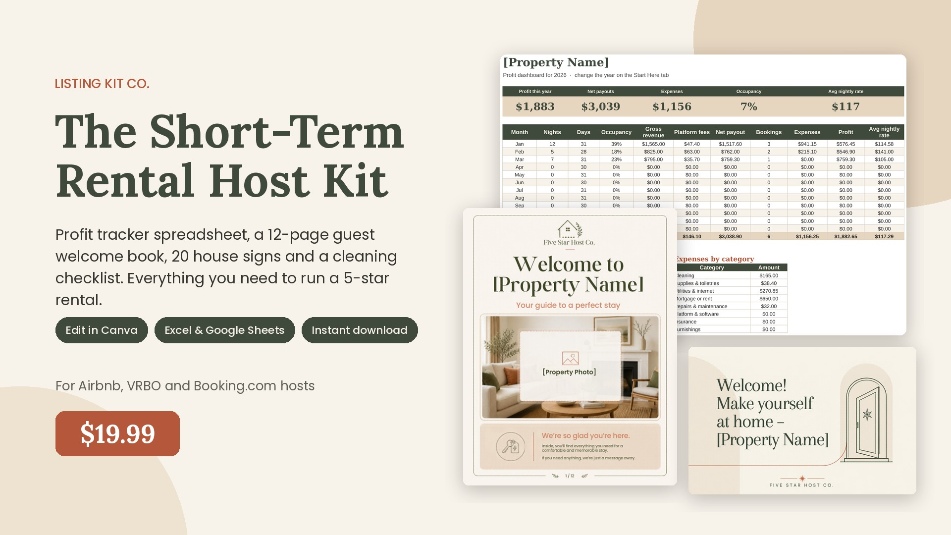 Short-Term Rental Host Kit: Profit Tracker + Welcome Book + 20 House Signs