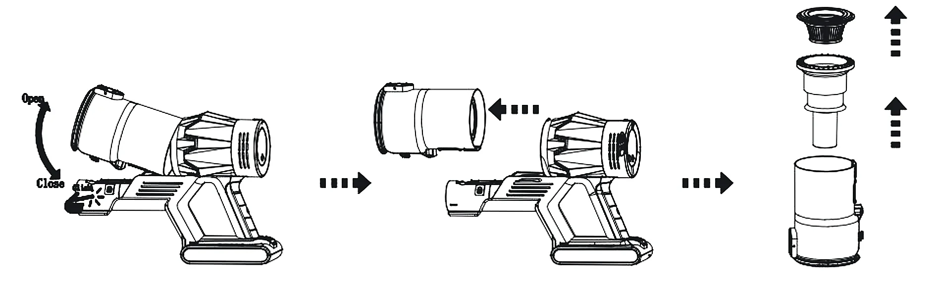 Drawing: the dust cup comes off the body, then the strainer and the HEPA filter lift out
