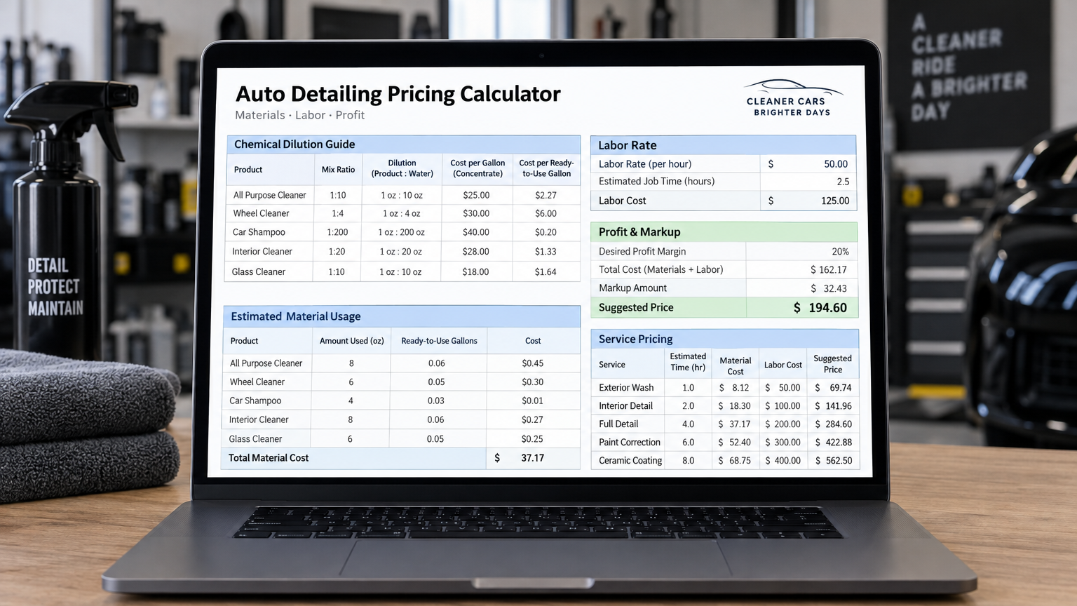 Auto Detailing Pricing & Margin Calculator