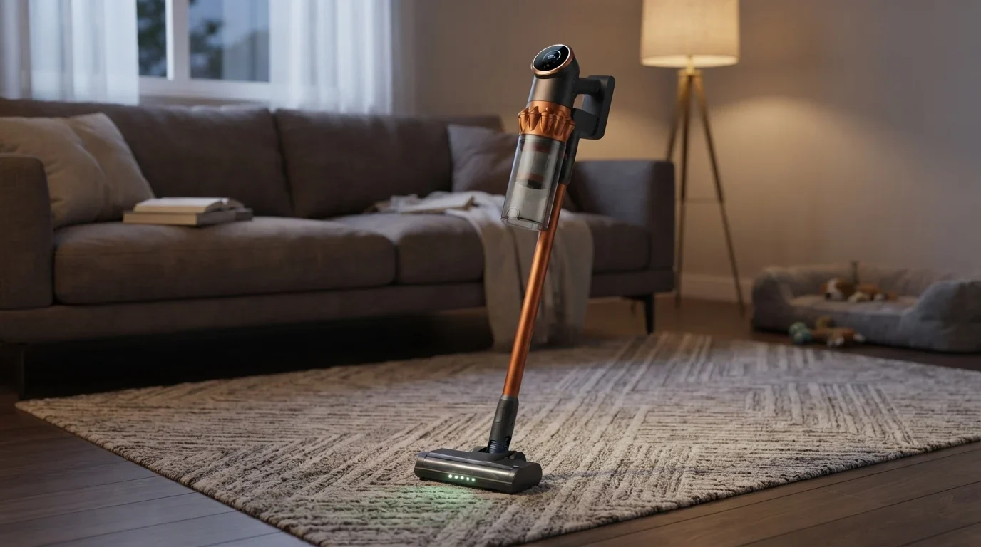 A living room in the evening with the Vekto Vacuum V18 standing on its own in the middle of the rug