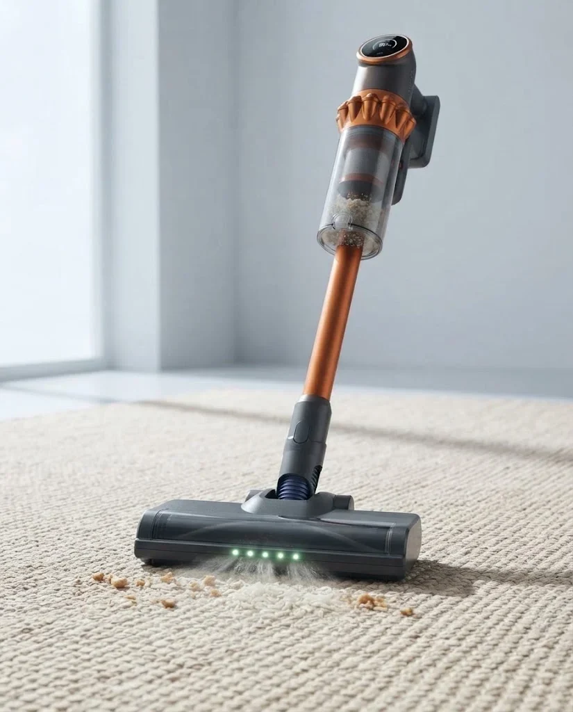 The Vekto Vacuum V18 floor head on a rug pulling up crumbs with its green light on