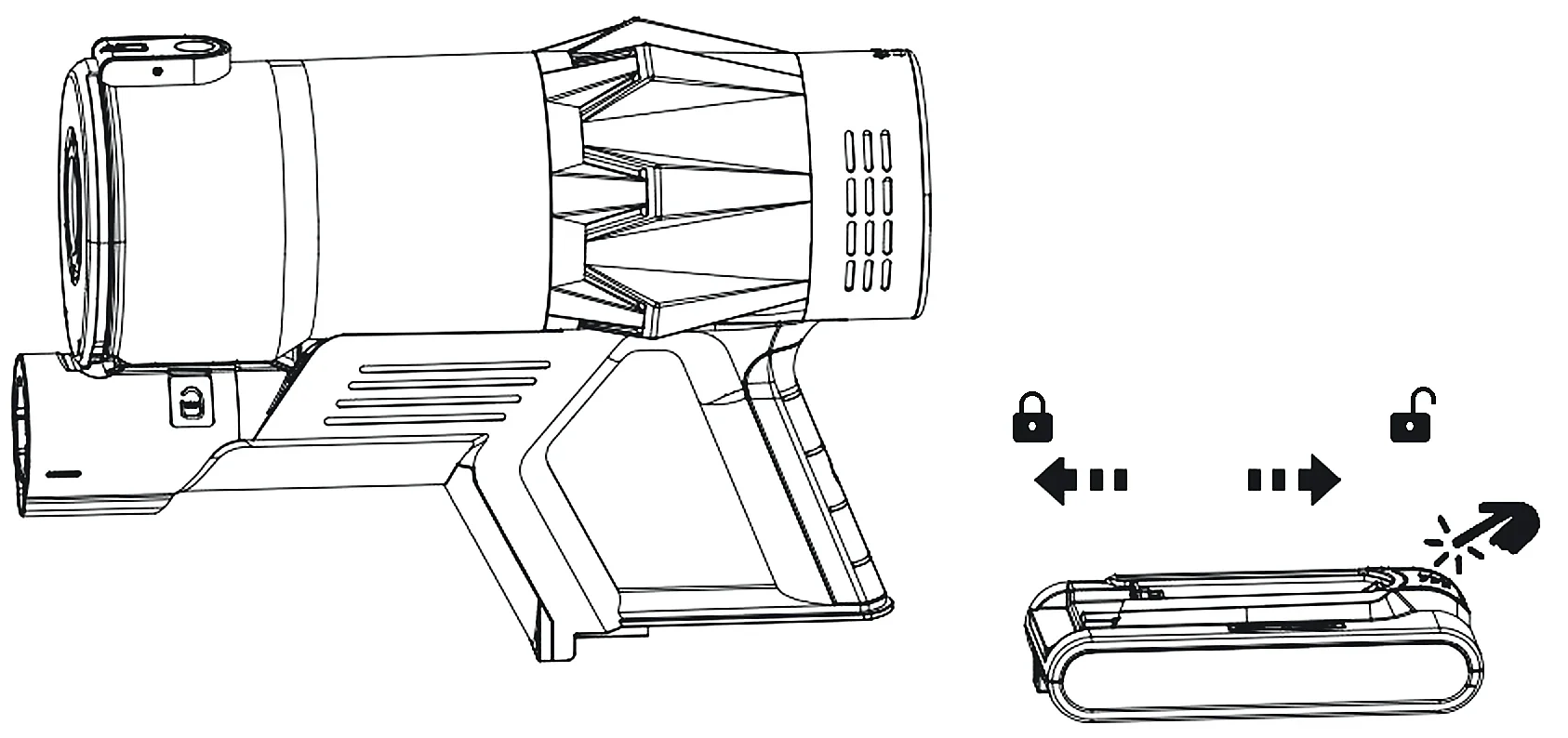 Drawing: the battery slides onto the handle to lock and off it to unlock