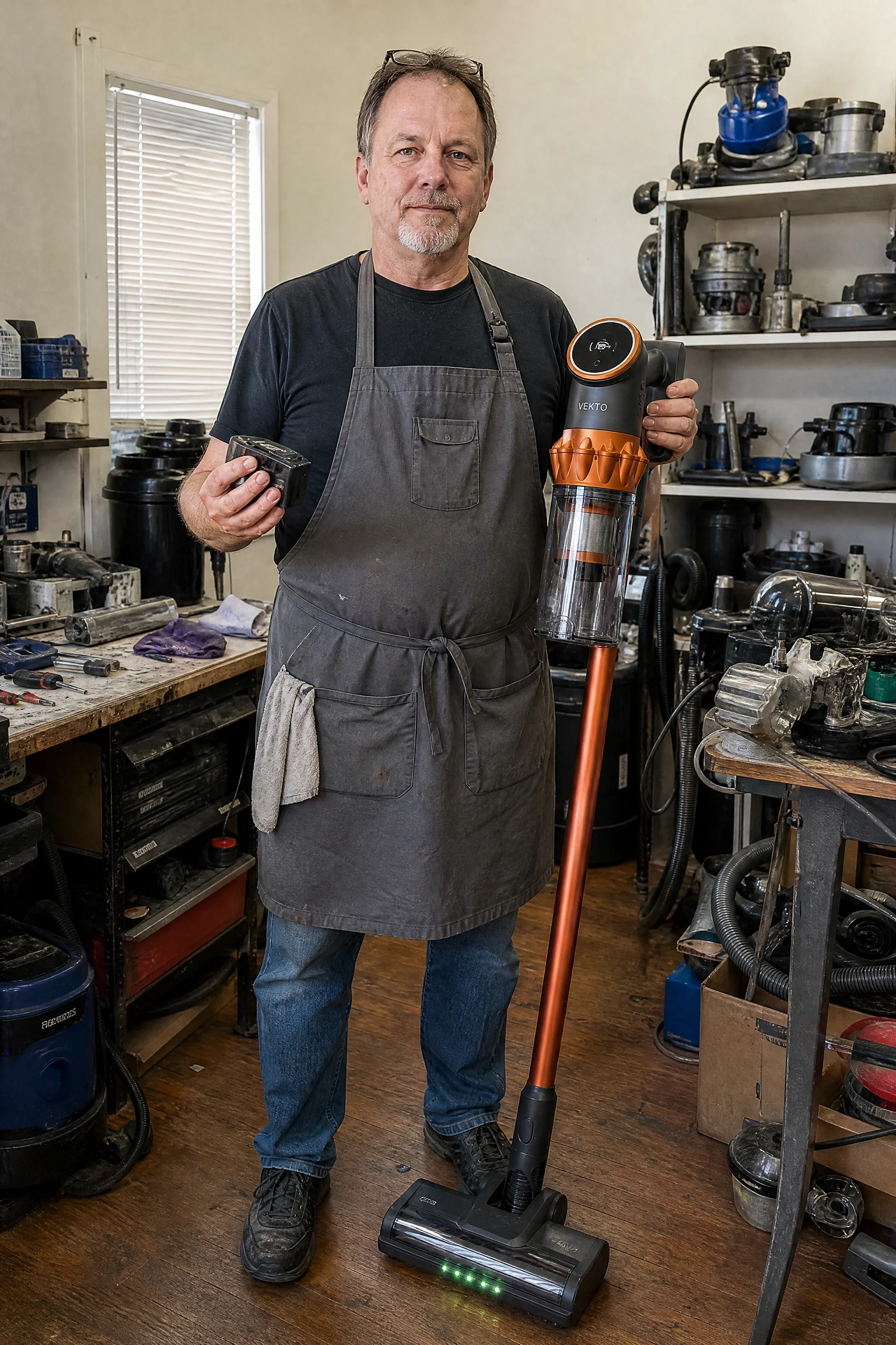 Bernd, Hausgerätetechniker, in grauer Schürze in seiner Werkstatt, der Vekto V18 Akkusauger und dessen Akku in den Händen