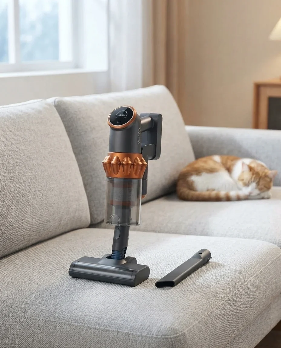 Vekto Vacuum V18 in its handheld form with the 2-in-1 brush tool on a gray sofa