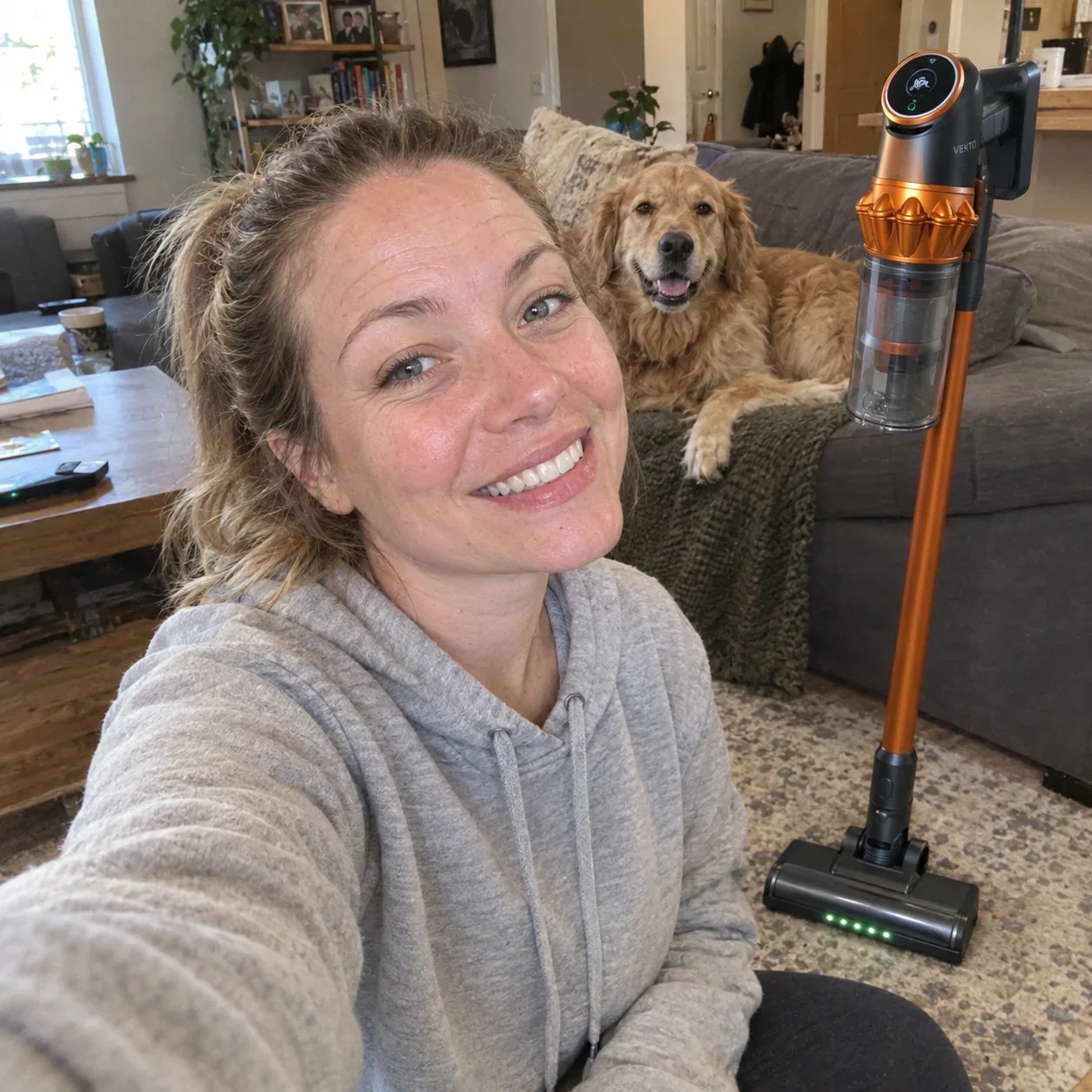 Katrin in ihrem Wohnzimmer, der Vekto V18 Akkusauger steht neben ihr, ihre Golden-Retriever-Hündin liegt auf dem Sofa
