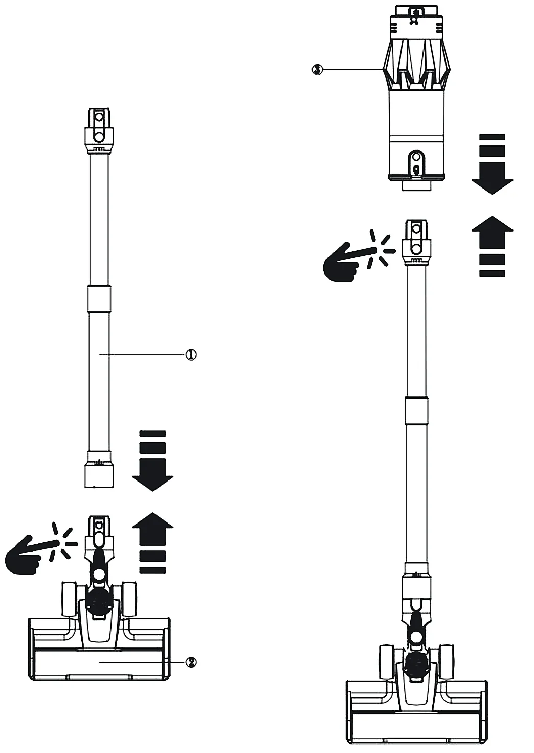 Drawing: the tube clicks into the floor head, then the body clicks onto the tube