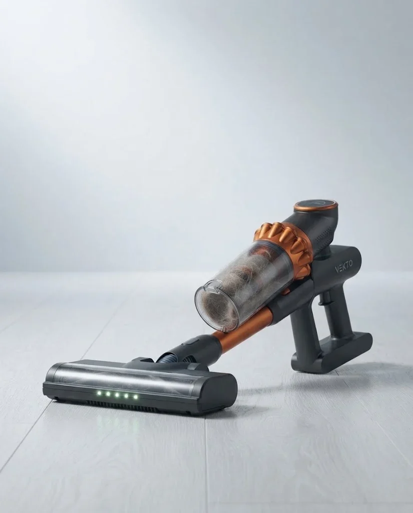 The underside of the Vekto Vacuum V18 floor head with a clean V-shaped brush roll, the hair collected in the clear cup above