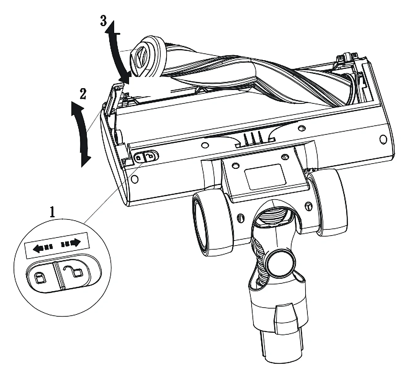 Drawing of the floor head from below: 1 slide the side lock, 2 swing the side cover open, 3 pull the brush roll out