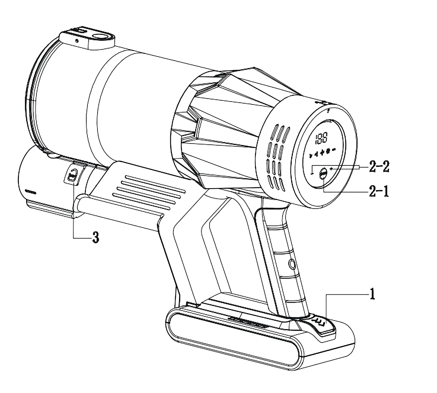 Drawing of the body: 1 the battery, 2-1 the power button, 2-2 the – and + buttons, 3 the dust cup empty button