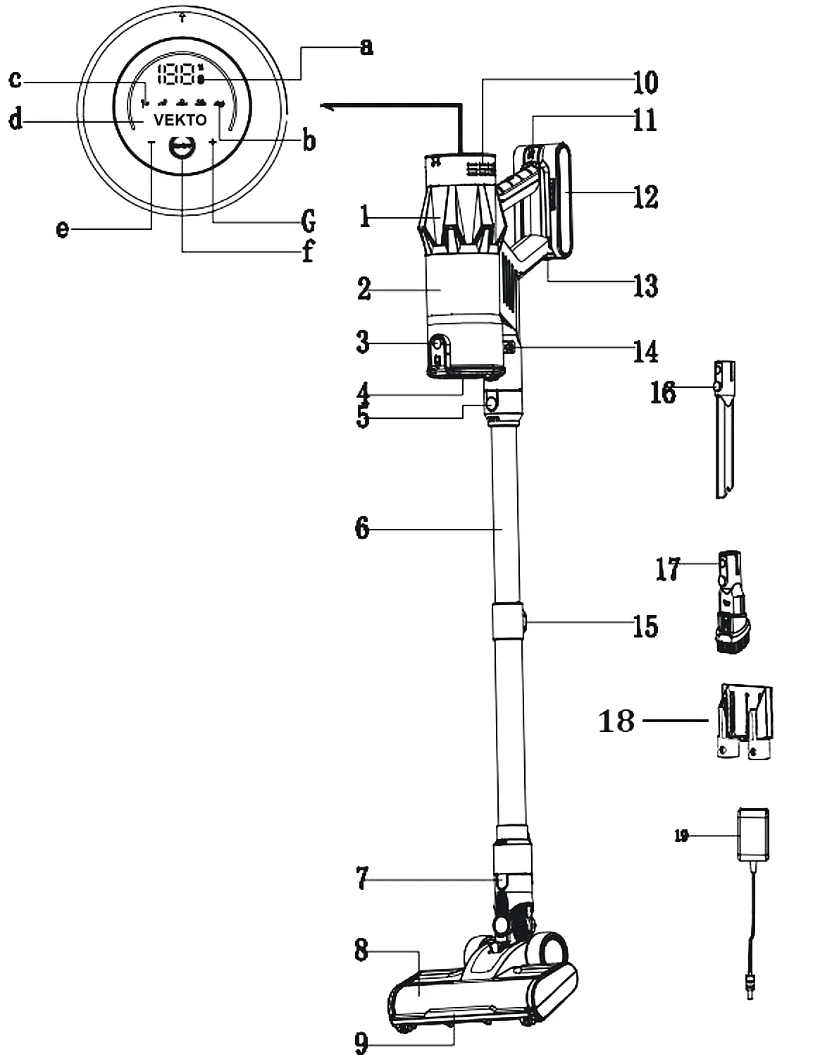 Labelled drawing of the Vekto V18, parts 1 to 19, with the round screen shown larger, a to g