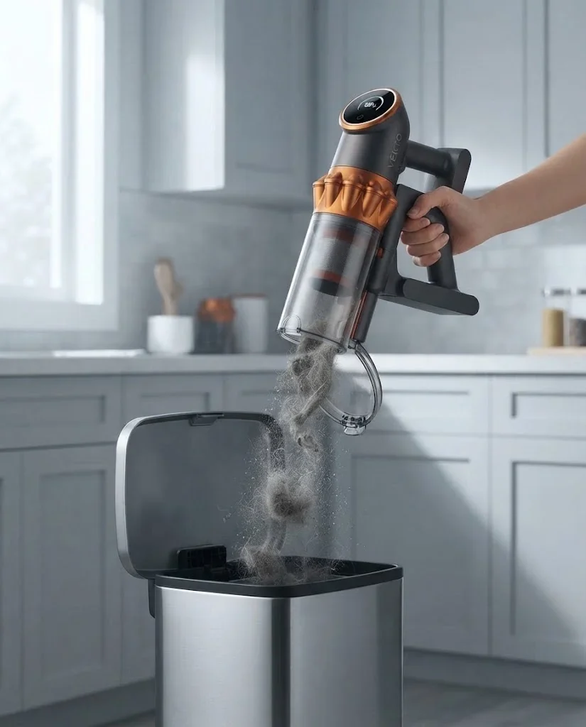 Vekto Vacuum V18 held over a kitchen trash can with its large clear dust cup flipped open