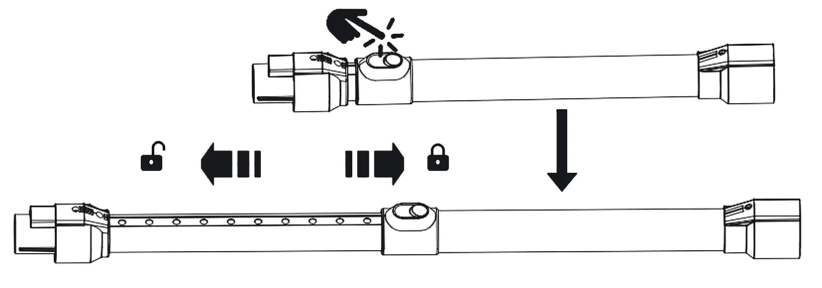 Drawing: press the button on the tube, slide towards the open padlock to lengthen and towards the closed padlock to lock