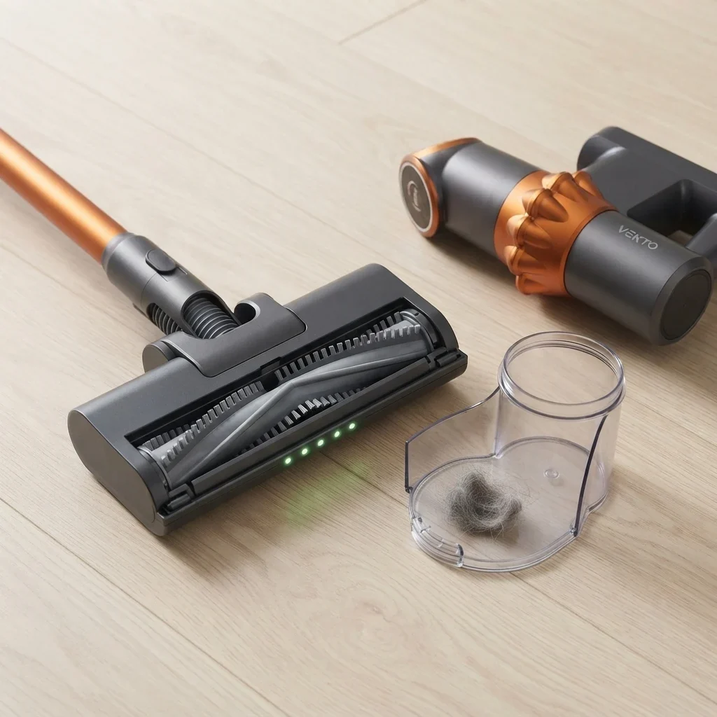 The Vekto Vacuum V18 brush roll clean after use, with hair in the dust cup