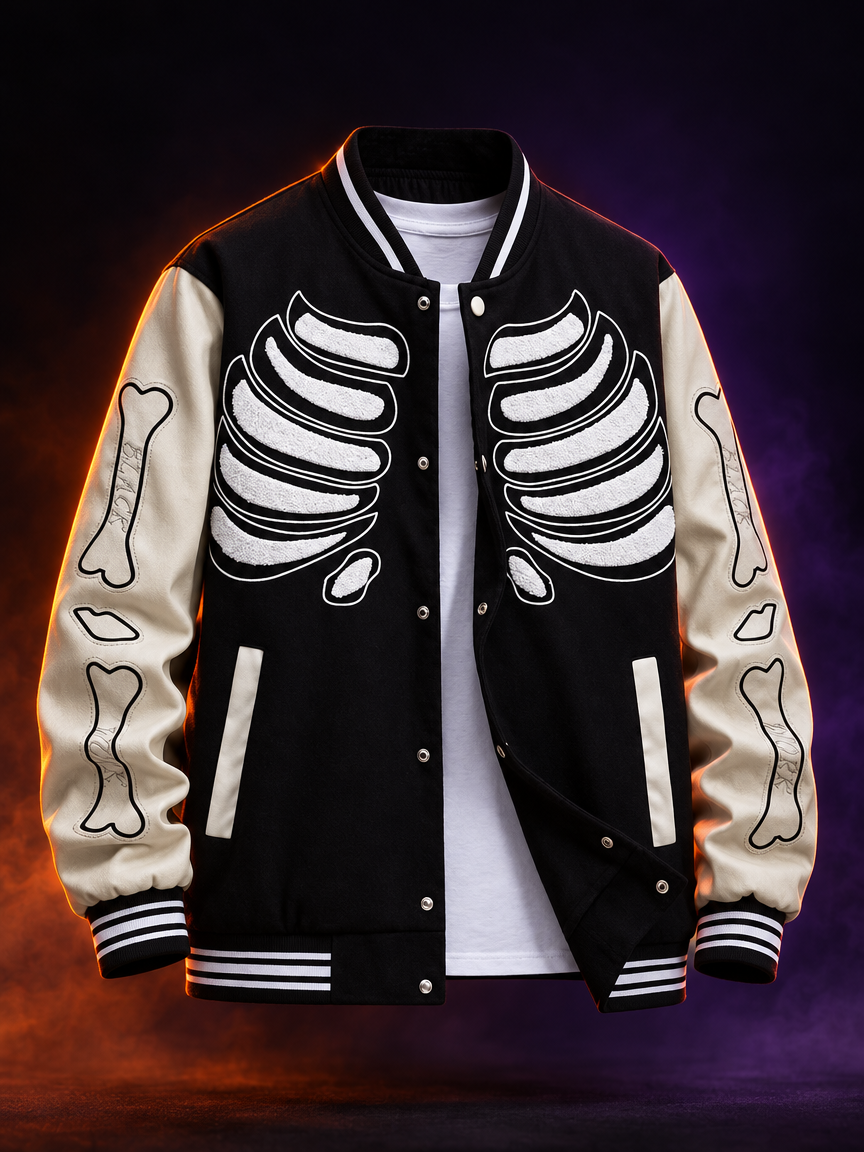 Skeleton Bone Graphic Varsity Jacket