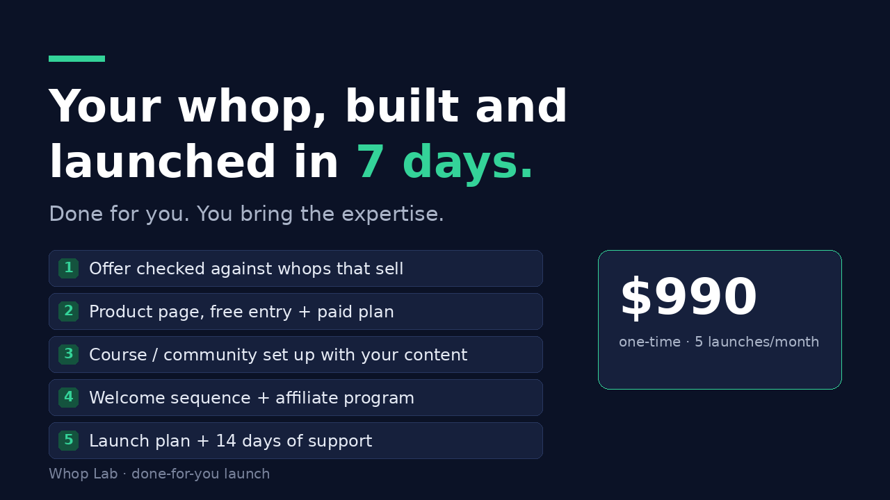 Done-for-you whop launch: your whop built and live in 7 days