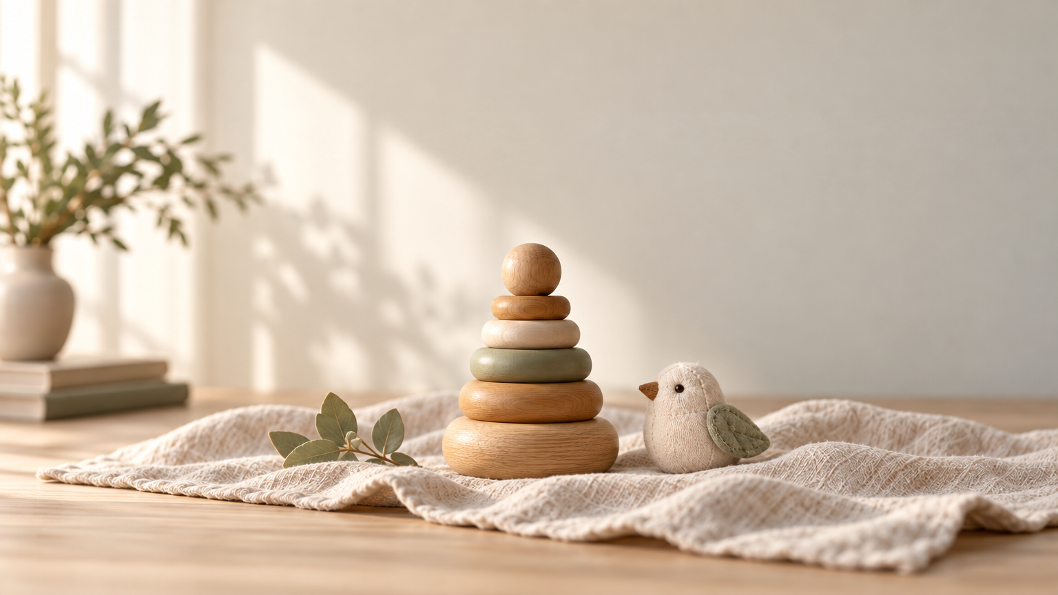 Honey oak stacking rings on linen