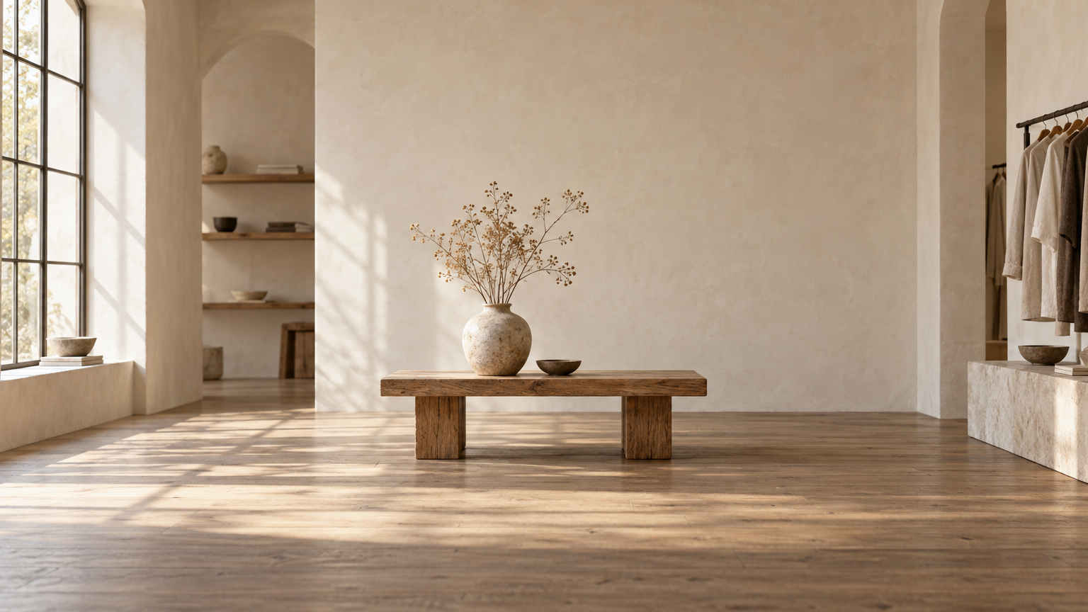 A quiet boutique interior with a ceramic vase on a low oak table