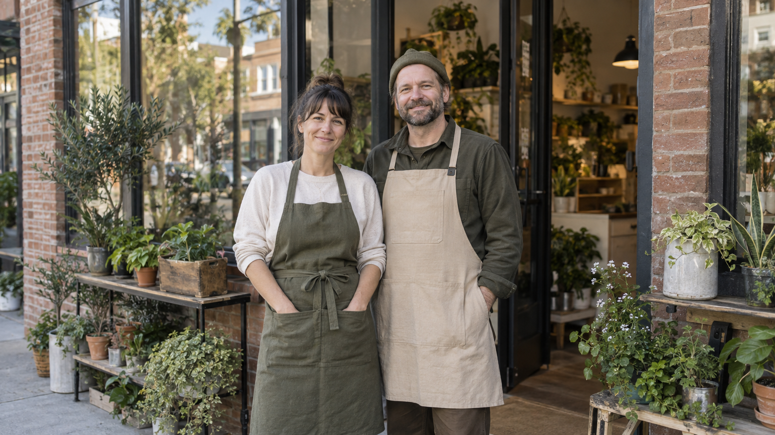 Independent shopkeepers outside their storefront