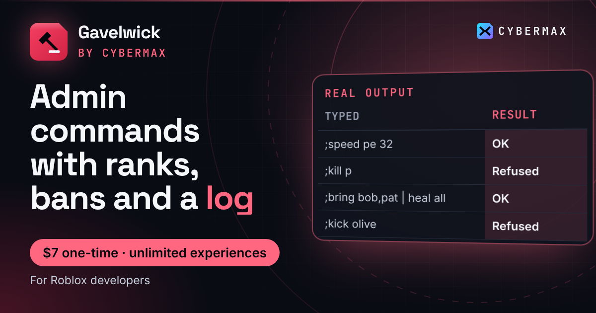 Gavelwick Admin Commands: tested Luau admin system for Roblox developers